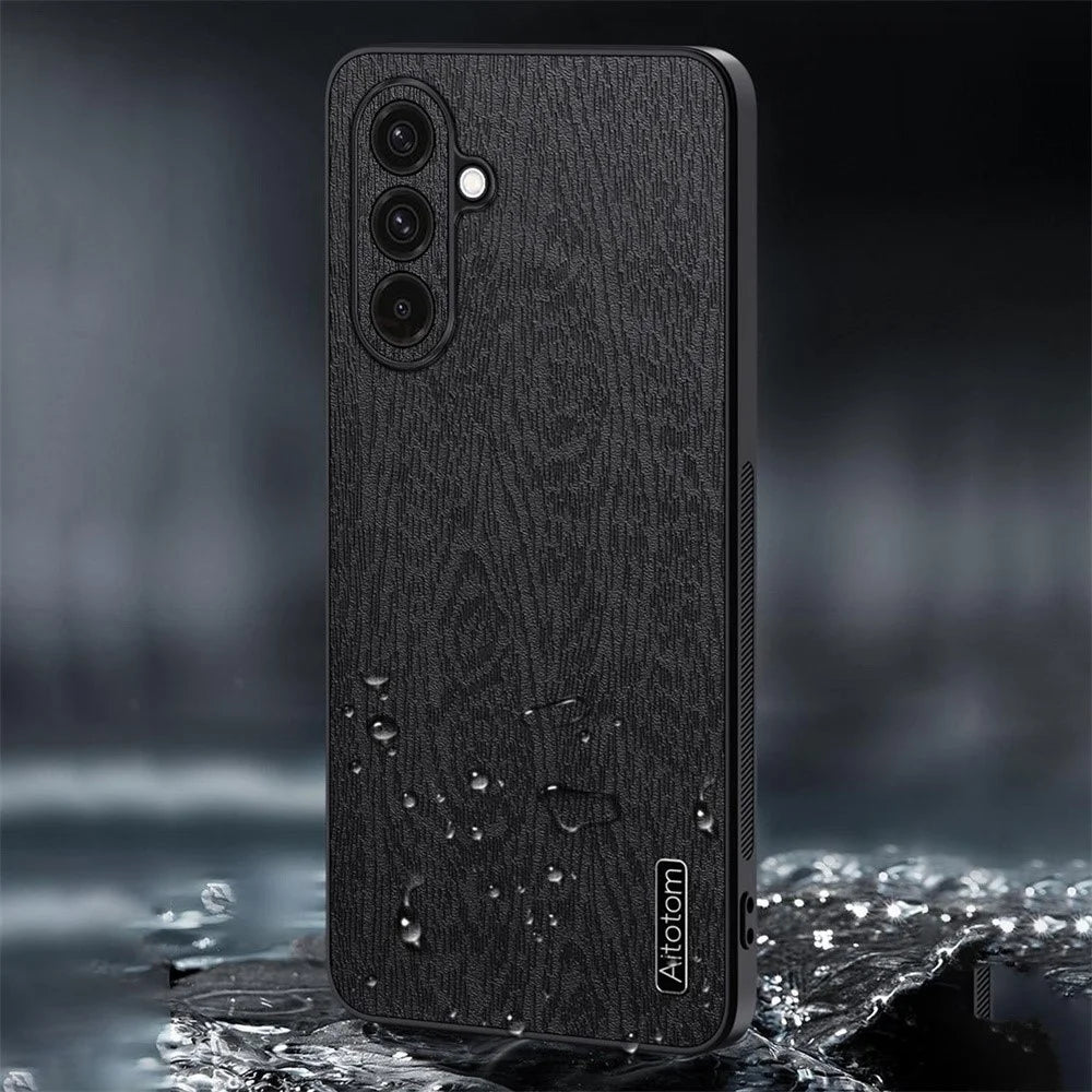 For Samsung Galaxy A16 5G  /  4G Case Wood Texture PU Leather Coated PC+TPU Phone Cover - Black - 7