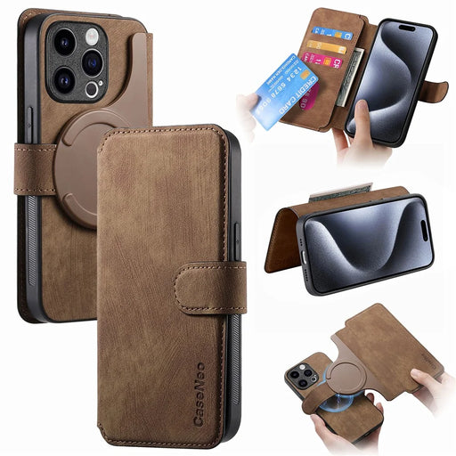 CASENEO MW-03 For iPhone 14 Pro Case with Detachable Wallet Leather+TPU Phone Cover - Brown - 1