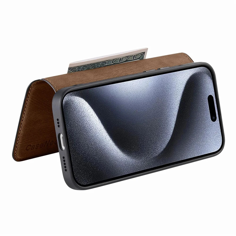 CASENEO MW-03 For iPhone 14 Pro Case with Detachable Wallet Leather+TPU Phone Cover - Brown - 3