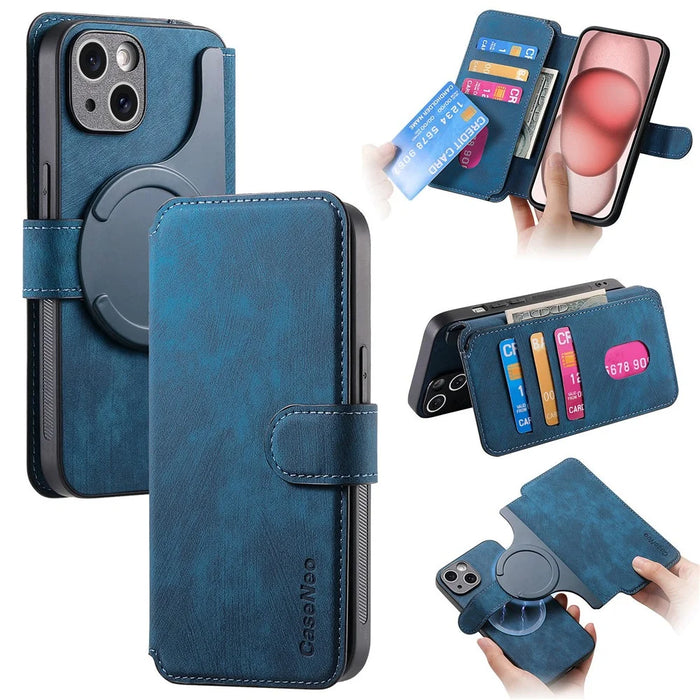 CASENEO MW-03 For iPhone 14 Case with Detachable Wallet Leather+TPU Phone Cover - Dark Blue - 1