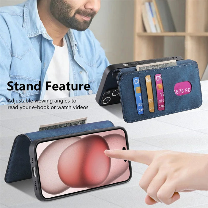 CASENEO MW-03 For iPhone 14 Case with Detachable Wallet Leather+TPU Phone Cover - Dark Blue - 7