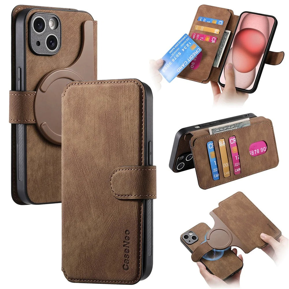 CASENEO MW-03 For iPhone 14 Plus Case with Detachable Wallet Leather+TPU Phone Cover - Brown - 1