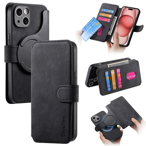 CASENEO MW-03 For iPhone 15 Plus Case with Detachable Wallet Leather+TPU Phone Cover - Black - 1