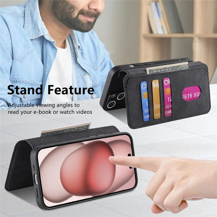CASENEO MW-03 For iPhone 15 Plus Case with Detachable Wallet Leather+TPU Phone Cover - Black - 7