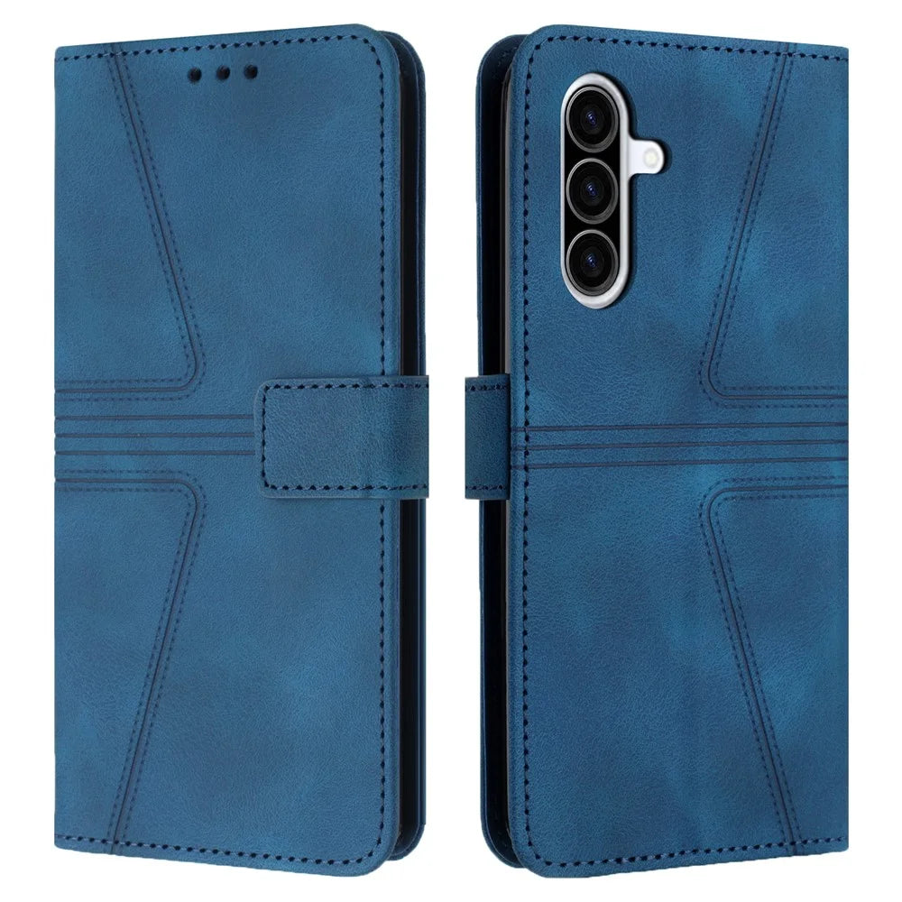 For Samsung Galaxy A26 5G Case Triangle Imprinted Anti-Scratch Phone Wallet Cover - Blue - 1