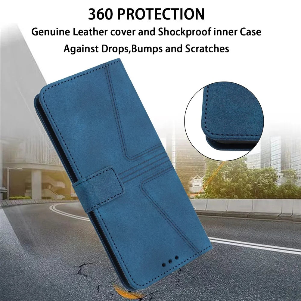 For Samsung Galaxy A26 5G Case Triangle Imprinted Anti-Scratch Phone Wallet Cover - Blue - 6