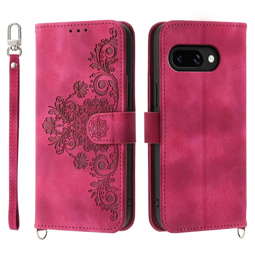 For Google Pixel 9a Case Flower Pattern PU Leather Wallet Phone Cover with Strap - Wine Red - 1