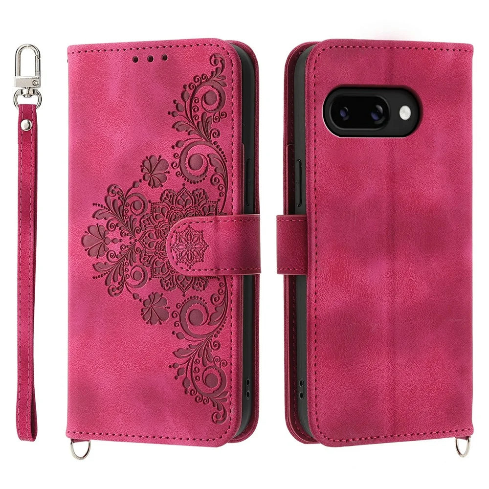 For Google Pixel 9a Case Flower Pattern PU Leather Wallet Phone Cover with Strap - Wine Red - 1