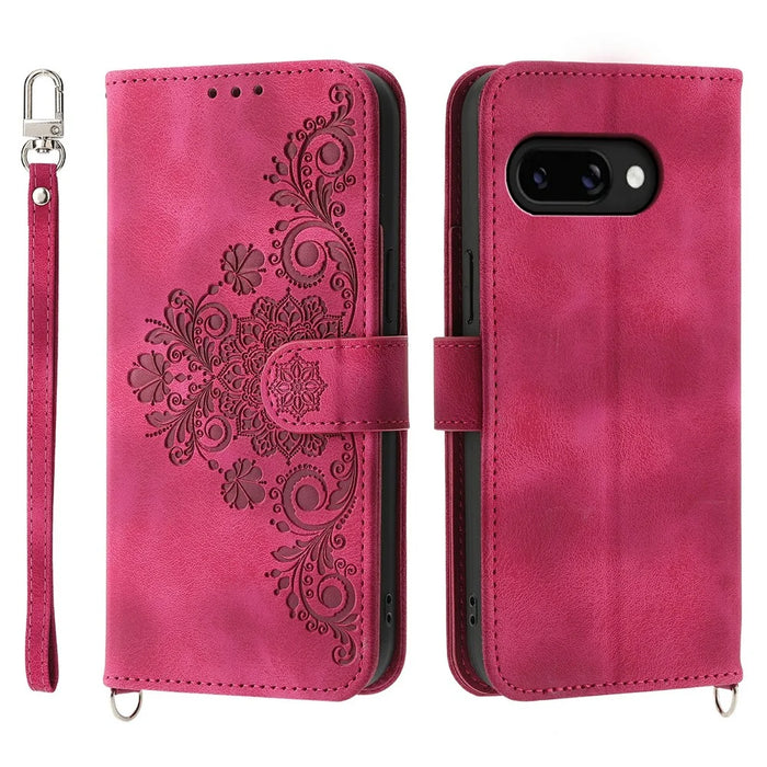 For Google Pixel 9a Case Flower Pattern PU Leather Wallet Phone Cover with Strap - Wine Red - 1