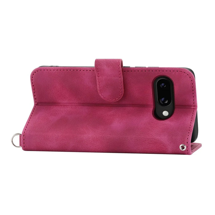 For Google Pixel 9a Case Flower Pattern PU Leather Wallet Phone Cover with Strap - Wine Red - 3