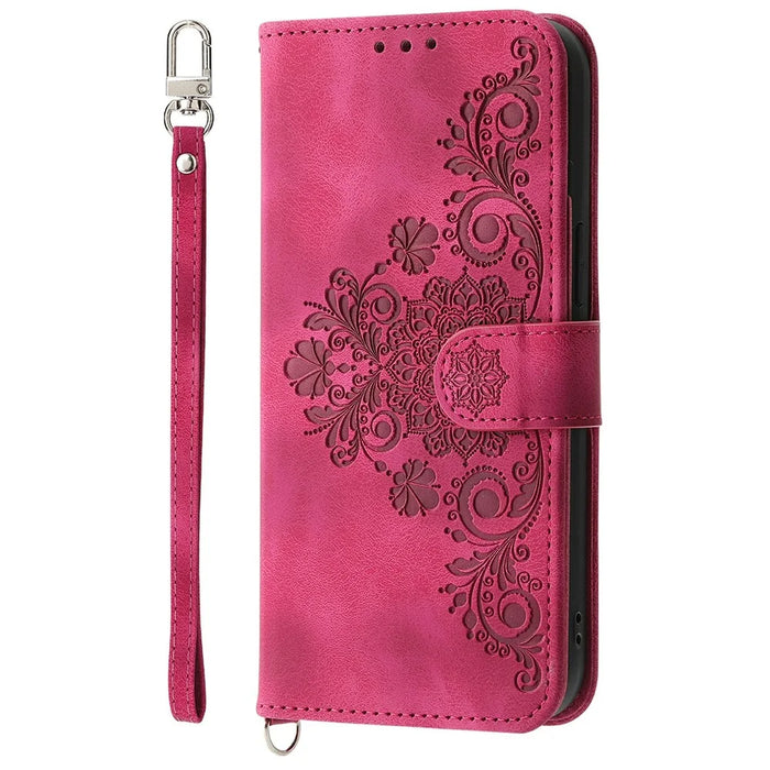 For Google Pixel 9a Case Flower Pattern PU Leather Wallet Phone Cover with Strap - Wine Red - 7