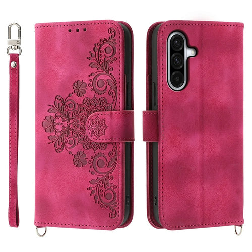 For Samsung Galaxy A56 5G Case Flower Pattern PU Leather Wallet Phone Cover with Strap - Wine Red - 1