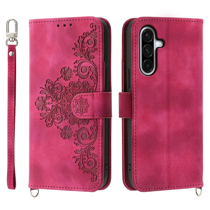 For Samsung Galaxy A56 5G Case Flower Pattern PU Leather Wallet Phone Cover with Strap - Wine Red - 1