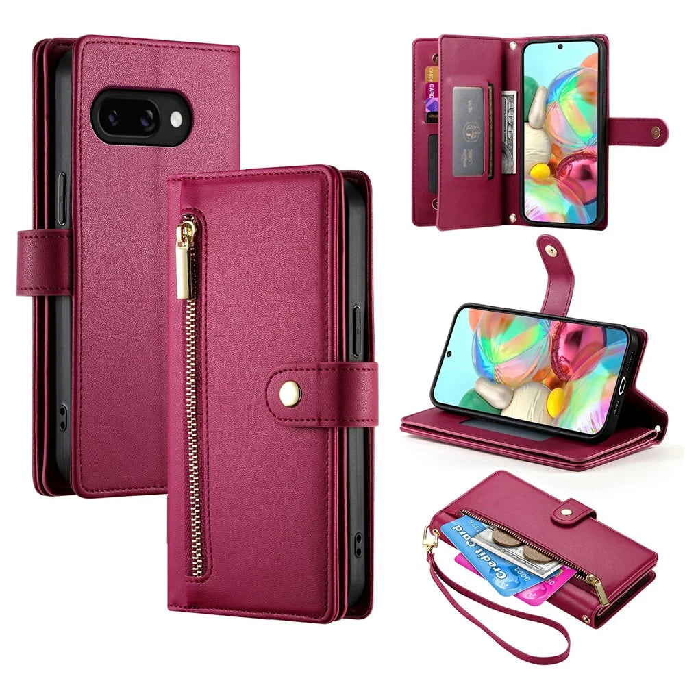 DF-011 For Google Pixel 9a Case Zipper Pocket Wallet Leather Phone Cover with Straps - Red - 1