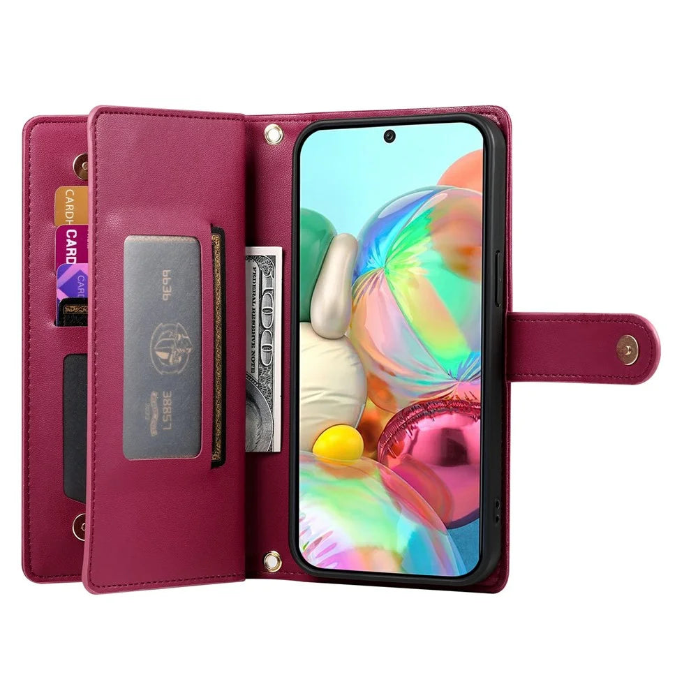 DF-011 For Google Pixel 9a Case Zipper Pocket Wallet Leather Phone Cover with Straps - Red - 2