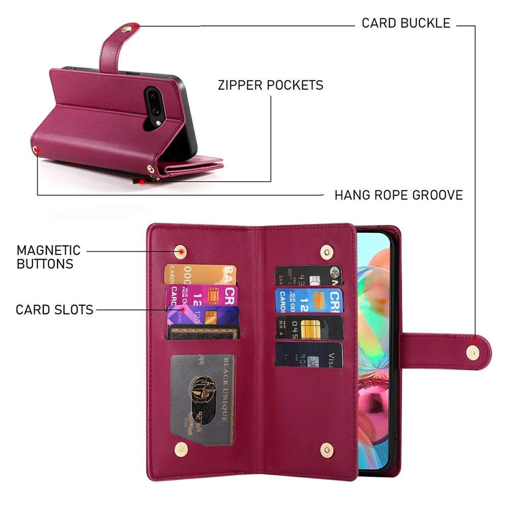 DF-011 For Google Pixel 9a Case Zipper Pocket Wallet Leather Phone Cover with Straps - Red - 3