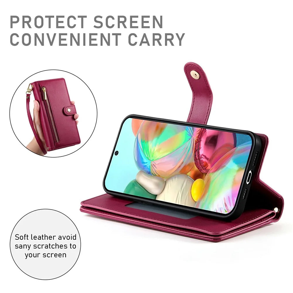 DF-011 For Google Pixel 9a Case Zipper Pocket Wallet Leather Phone Cover with Straps - Red - 4