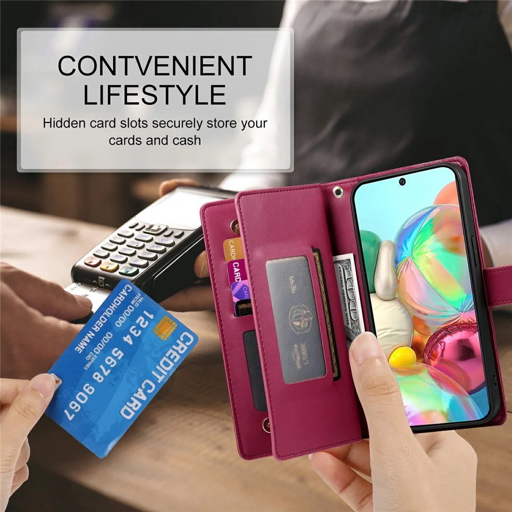DF-011 For Google Pixel 9a Case Zipper Pocket Wallet Leather Phone Cover with Straps - Red - 7