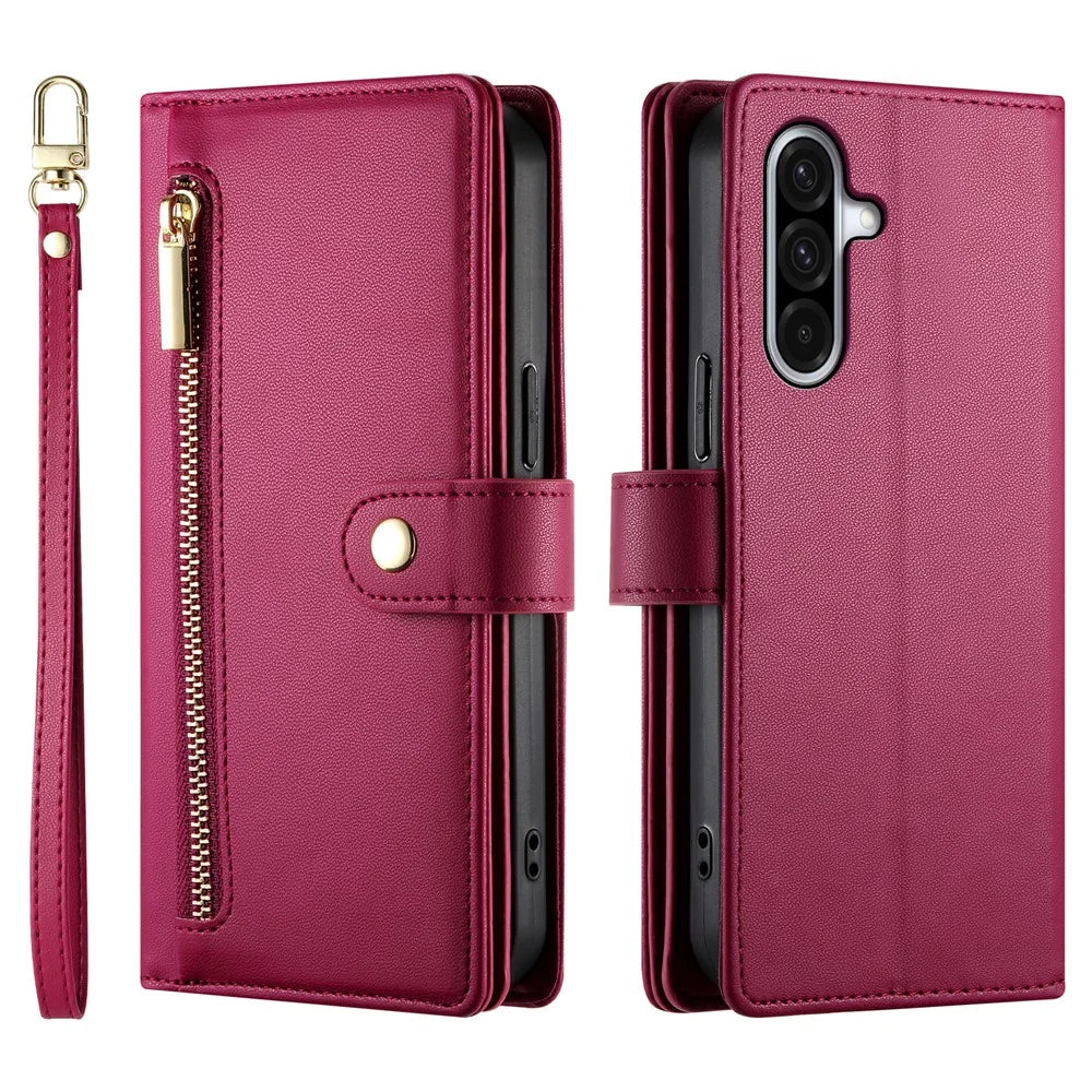 DF-011 For Samsung Galaxy A56 5G Case Zipper Pocket Wallet Leather Phone Cover with Straps - Red - 1