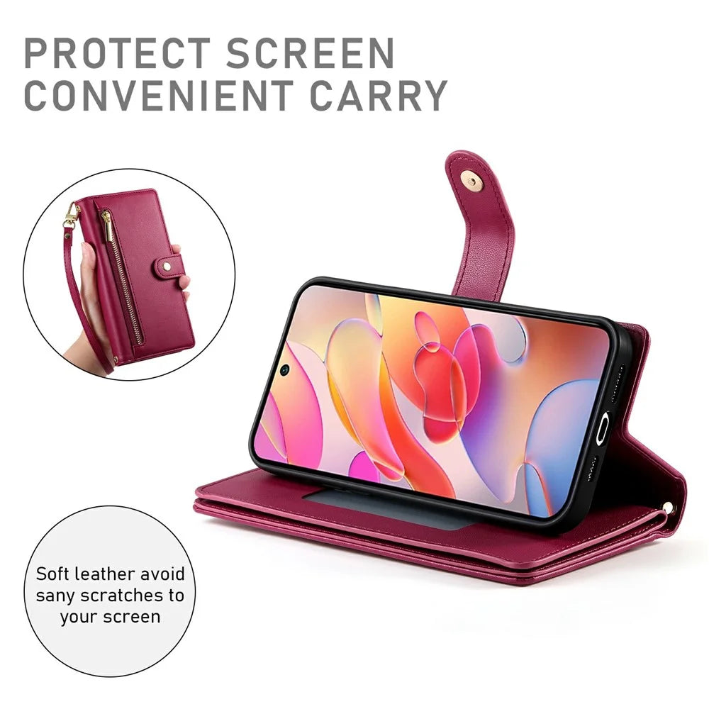 DF-011 For Samsung Galaxy A56 5G Case Zipper Pocket Wallet Leather Phone Cover with Straps - Red - 4