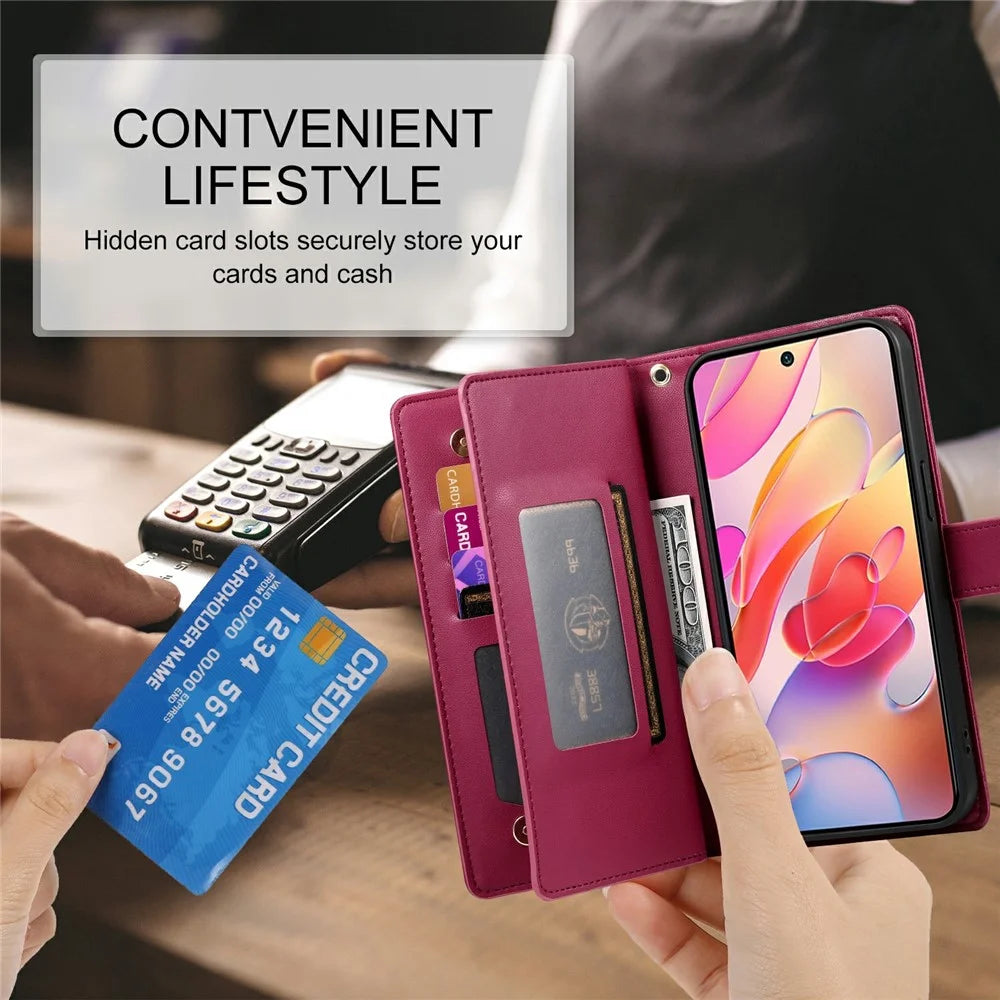 DF-011 For Samsung Galaxy A56 5G Case Zipper Pocket Wallet Leather Phone Cover with Straps - Red - 7