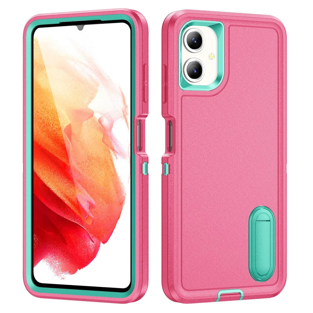 For Samsung Galaxy A06 4G Case Kickstand Phone Cover PC+Silicone+EVA 3-in-1 Design - Rose+Light Cyan - 1
