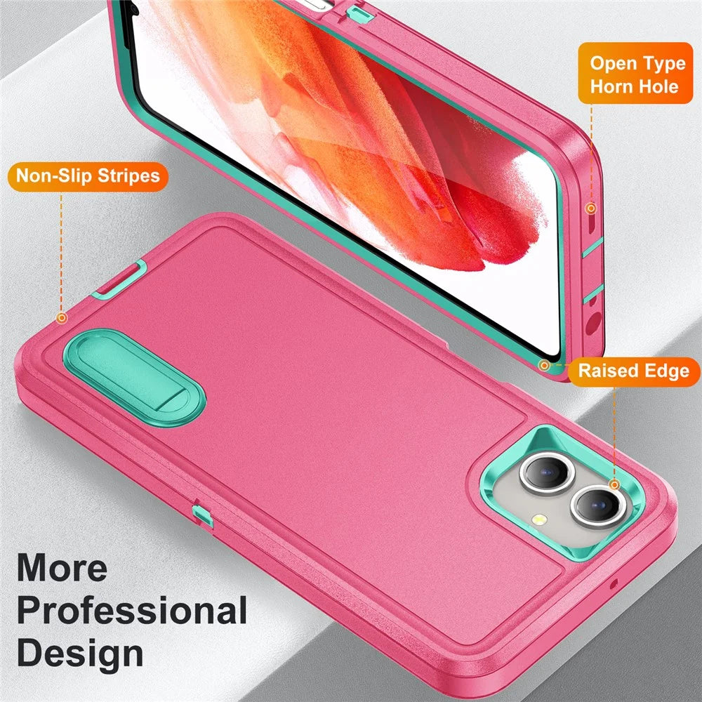 For Samsung Galaxy A06 4G Case Kickstand Phone Cover PC+Silicone+EVA 3-in-1 Design - Rose+Light Cyan - 4