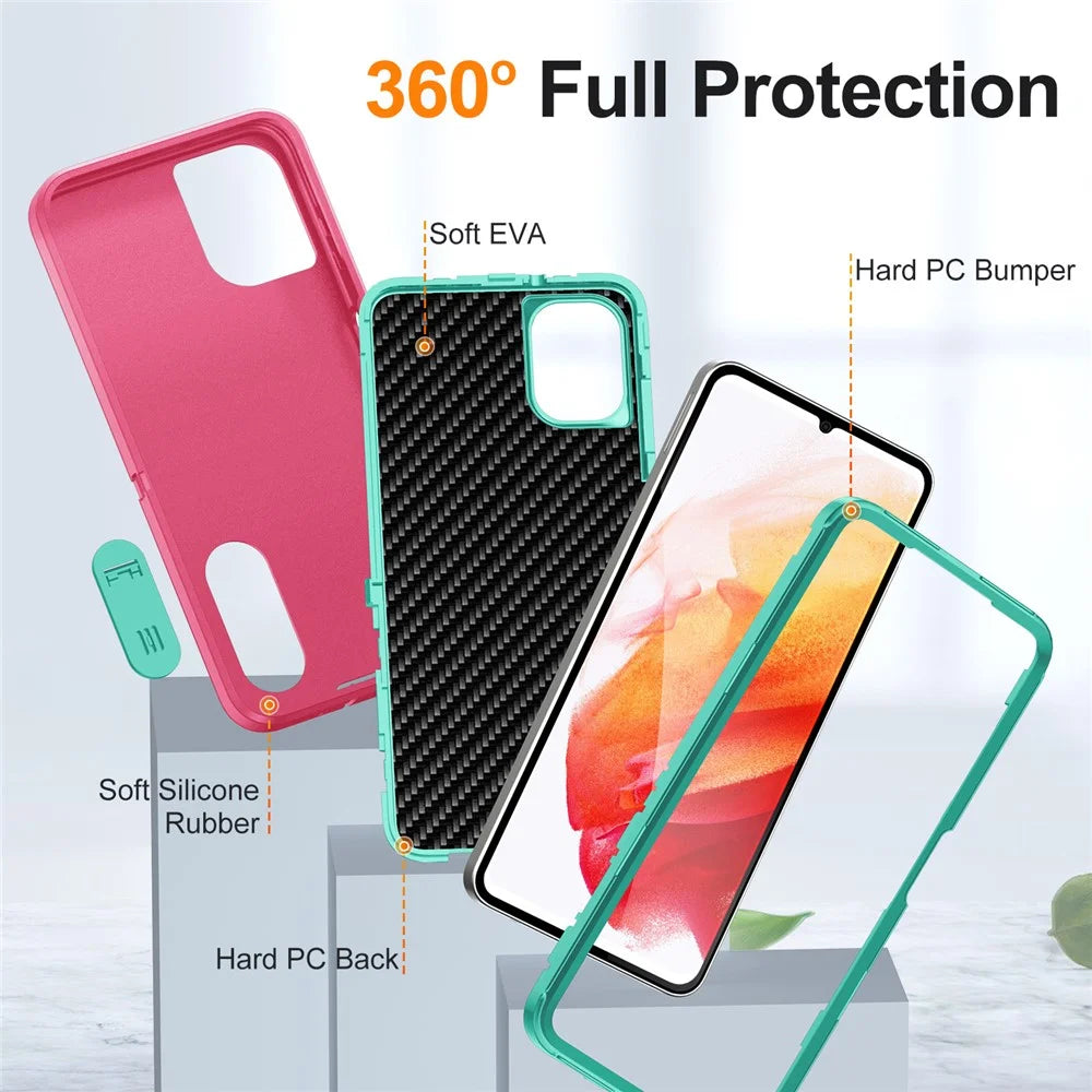 For Samsung Galaxy A06 4G Case Kickstand Phone Cover PC+Silicone+EVA 3-in-1 Design - Rose+Light Cyan - 6