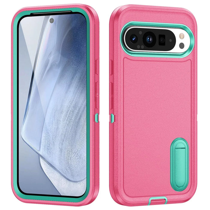 For Google Pixel 9 Pro XL Case Kickstand Phone Cover PC+Silicone+EVA 3-in-1 Design - Rose+Light Cyan - 1