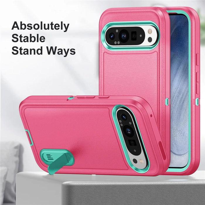 For Google Pixel 9 Pro XL Case Kickstand Phone Cover PC+Silicone+EVA 3-in-1 Design - Rose+Light Cyan - 2
