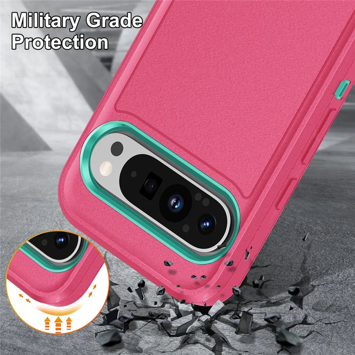 For Google Pixel 9 Pro XL Case Kickstand Phone Cover PC+Silicone+EVA 3-in-1 Design - Rose+Light Cyan - 3