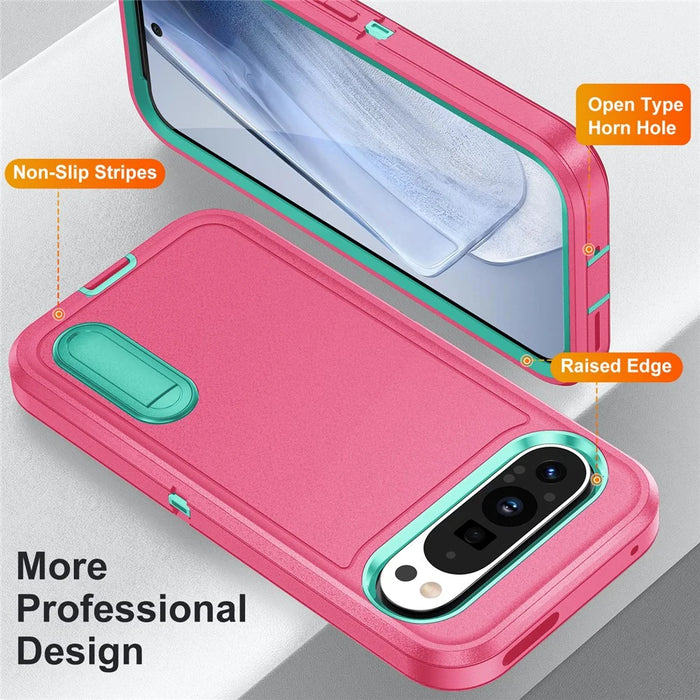 For Google Pixel 9 Pro XL Case Kickstand Phone Cover PC+Silicone+EVA 3-in-1 Design - Rose+Light Cyan - 4