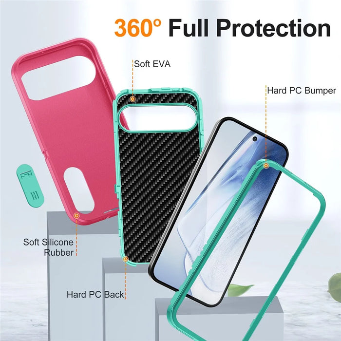 For Google Pixel 9 Pro XL Case Kickstand Phone Cover PC+Silicone+EVA 3-in-1 Design - Rose+Light Cyan - 6