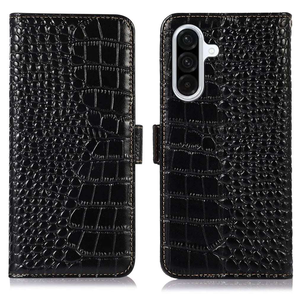 For Samsung Galaxy A26 5G Case Crocodile Texture Genuine Cow Leather Phone Wallet Cover - Black - 1