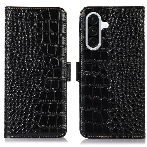For Samsung Galaxy A26 5G Case Crocodile Texture Genuine Cow Leather Phone Wallet Cover - Black - 1
