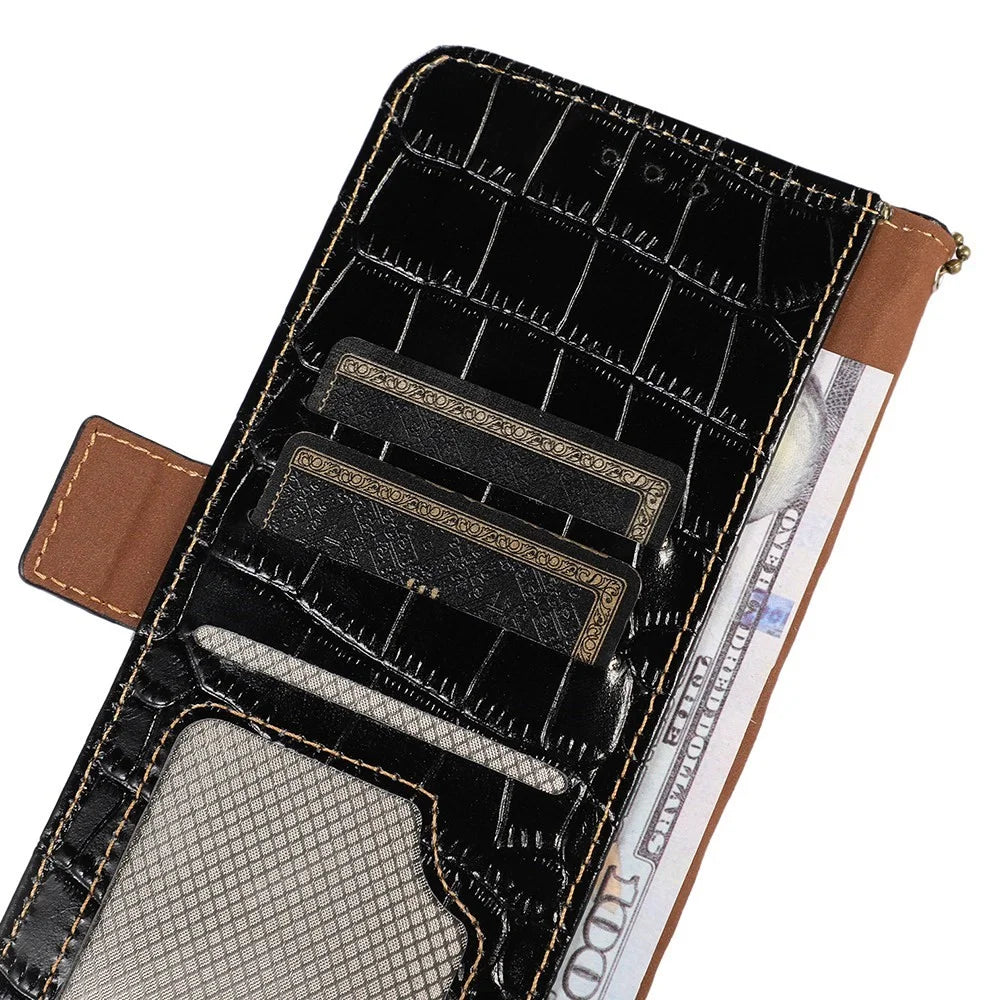 For Samsung Galaxy A26 5G Case Crocodile Texture Genuine Cow Leather Phone Wallet Cover - Black - 6