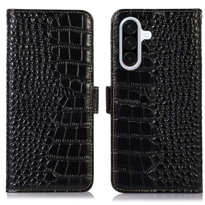 For Samsung Galaxy A56 5G Case Crocodile Texture Genuine Cow Leather Phone Wallet Cover - Black - 1