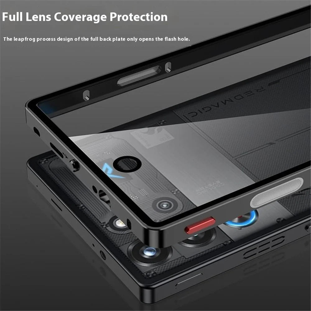 For ZTE nubia Red Magic 10 Pro 5G Case Metal Frame Glass Back Phone Cover with Game Shoulder Key - Black - 6