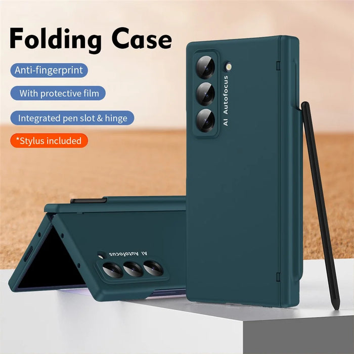Phone Case for Samsung Galaxy Z Fold Special Hinge PC Cover with Stylus - Green - 2