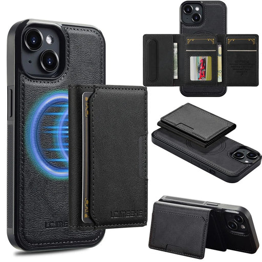 LC.IMEEKE L5 For iPhone 14 Plus Magnetic Phone Case Leather Back Cover with Detachable Card Holder - Black - 1
