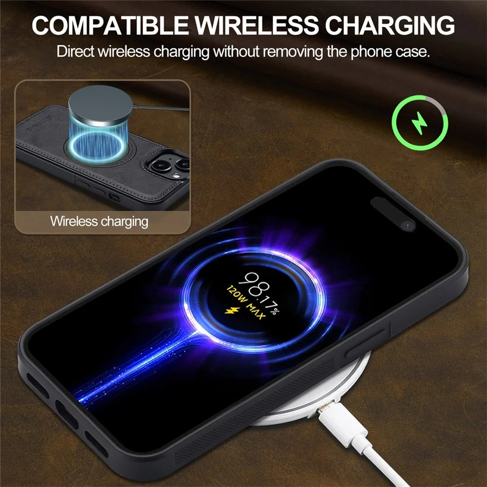 LC.IMEEKE For iPhone 14 Plus Magnetic Case Compatible with MagSafe Leather TPU Back Cover - Black - 5