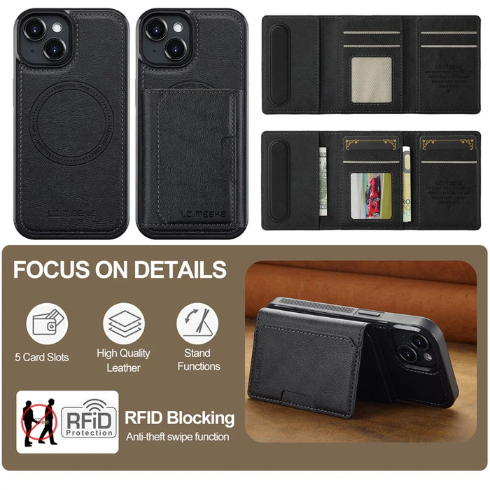 LC.IMEEKE L5 For iPhone 13 Magnetic Phone Case Leather Back Cover with Detachable Card Holder - Black - 3