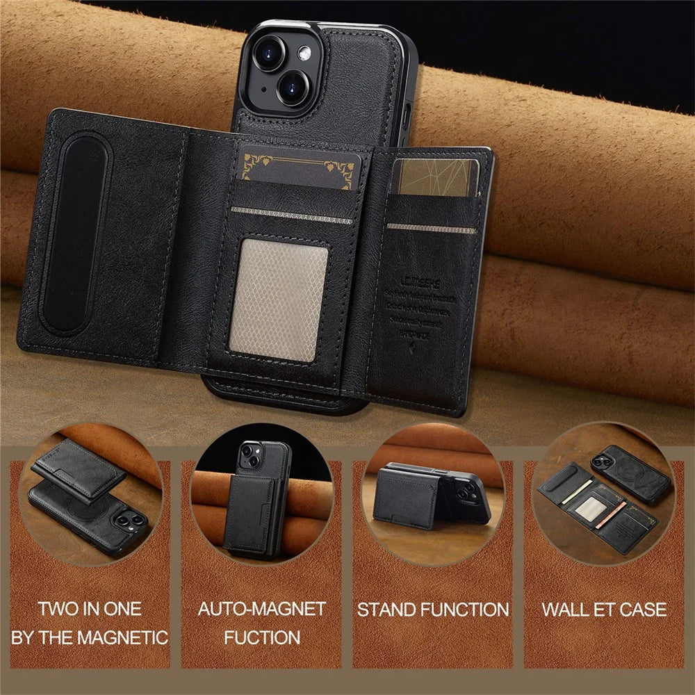 LC.IMEEKE L5 For iPhone 13 Magnetic Phone Case Leather Back Cover with Detachable Card Holder - Black - 7