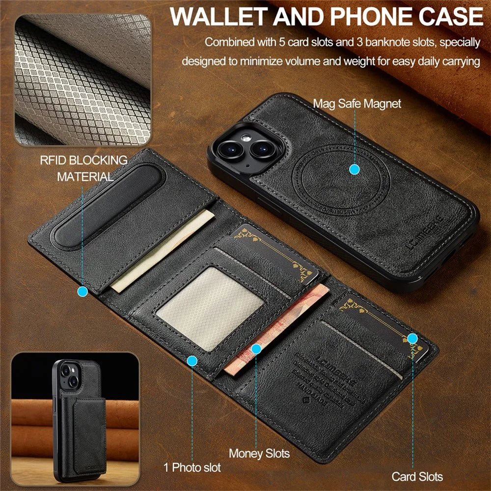 LC.IMEEKE L5 For iPhone 13 mini Magnetic Phone Case Leather Back Cover with Detachable Card Holder - Black - 4
