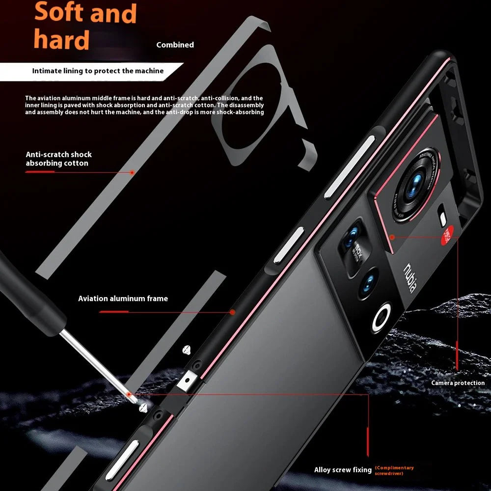 For ZTE nubia Z70 Ultra 5G Bumper Case Metal Frame Phone Cover with Camera Lens Guard - Black / Red - 6