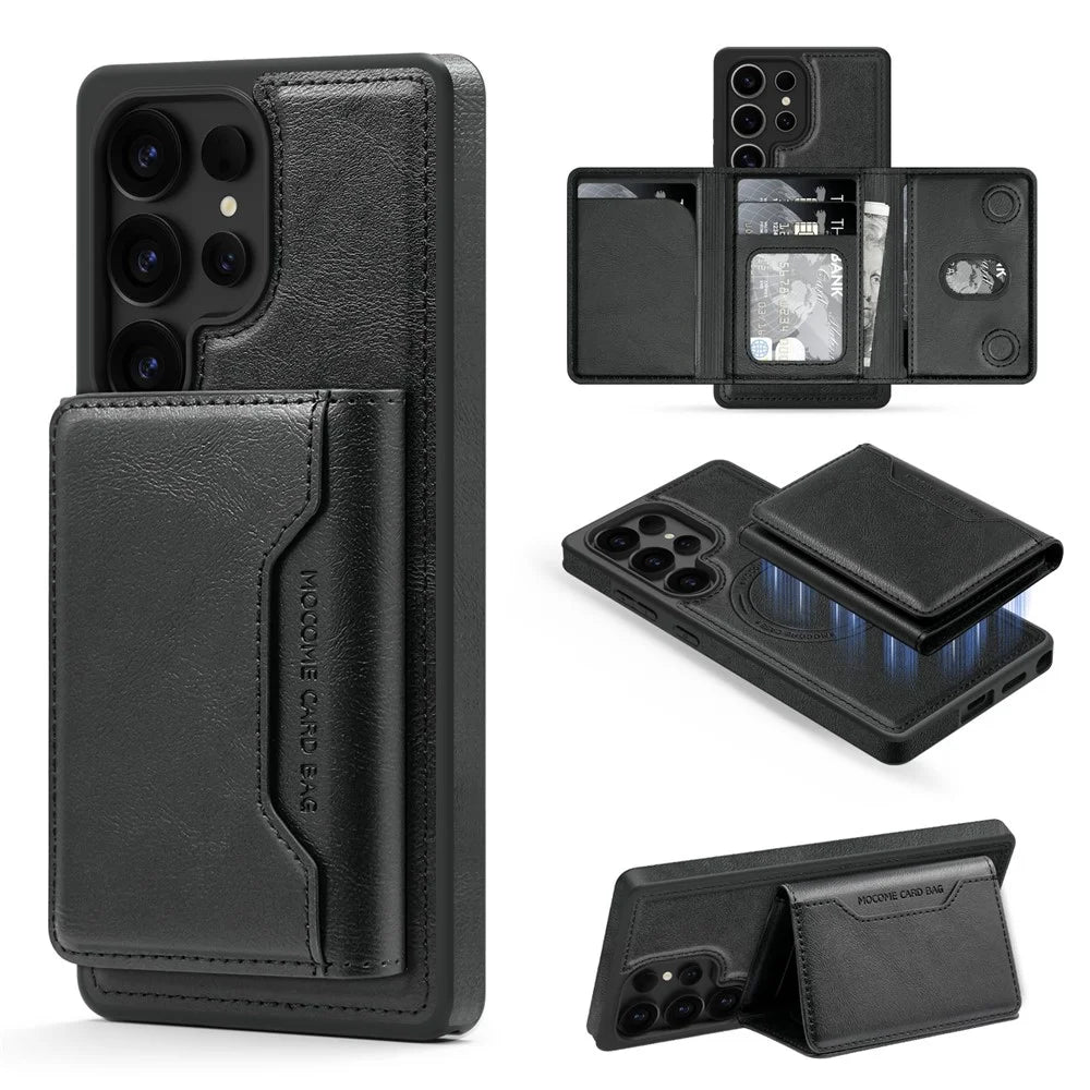 For Samsung Galaxy S25 Ultra Magnetic Case Leather Back Phone Cover with Detachable Card Bag - Black - 1