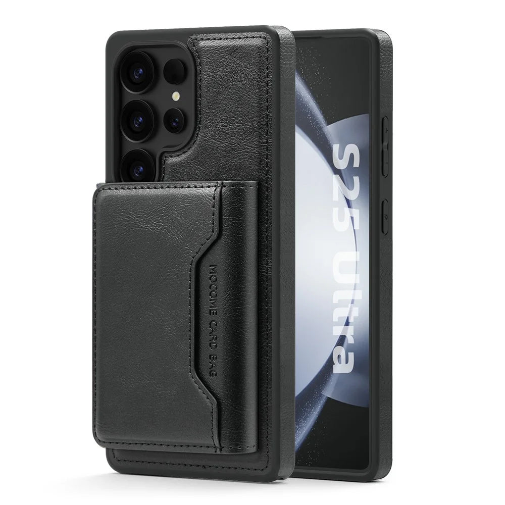 For Samsung Galaxy S25 Ultra Magnetic Case Leather Back Phone Cover with Detachable Card Bag - Black - 2