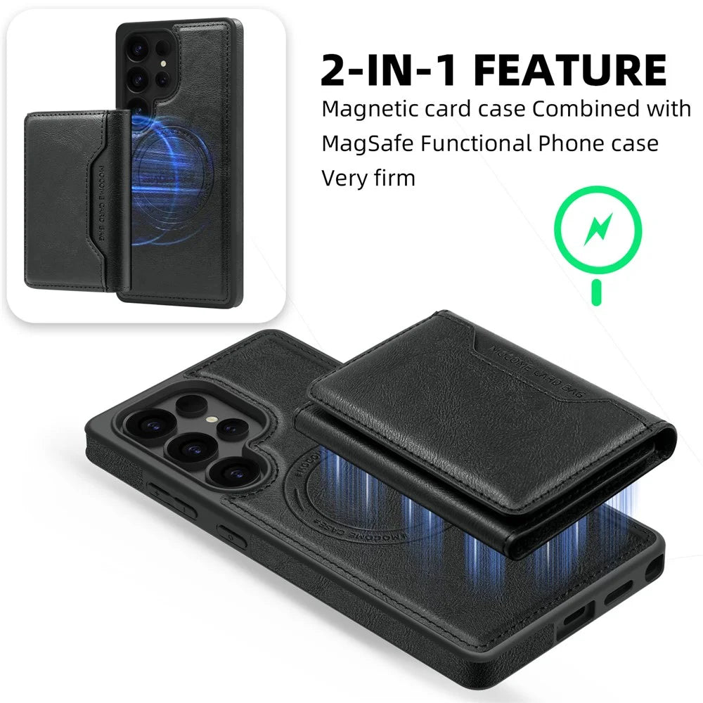 For Samsung Galaxy S25 Ultra Magnetic Case Leather Back Phone Cover with Detachable Card Bag - Black - 3