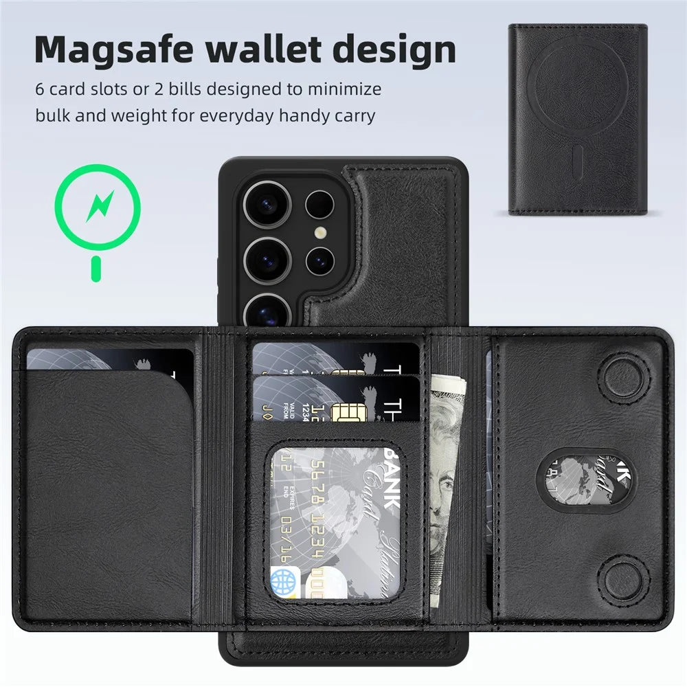 For Samsung Galaxy S25 Ultra Magnetic Case Leather Back Phone Cover with Detachable Card Bag - Black - 5