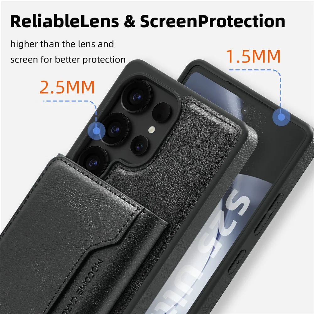 For Samsung Galaxy S25 Ultra Magnetic Case Leather Back Phone Cover with Detachable Card Bag - Black - 6